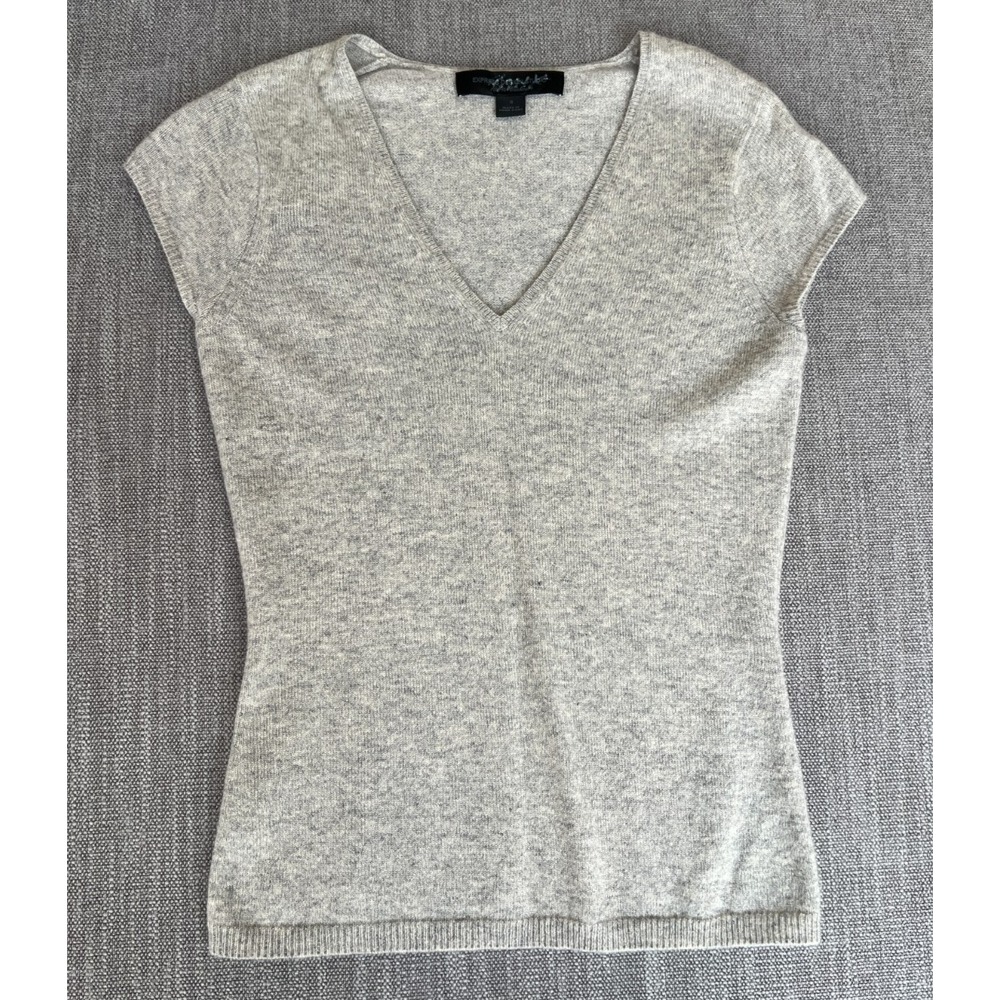 Express Design Studio Cozy Knit Top Womens Small Gray Cashmere Cap Sleeve V-Neck